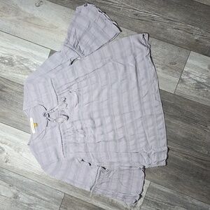 DownEast | Flowey Bellsleeve Purple Blouse, V Neck